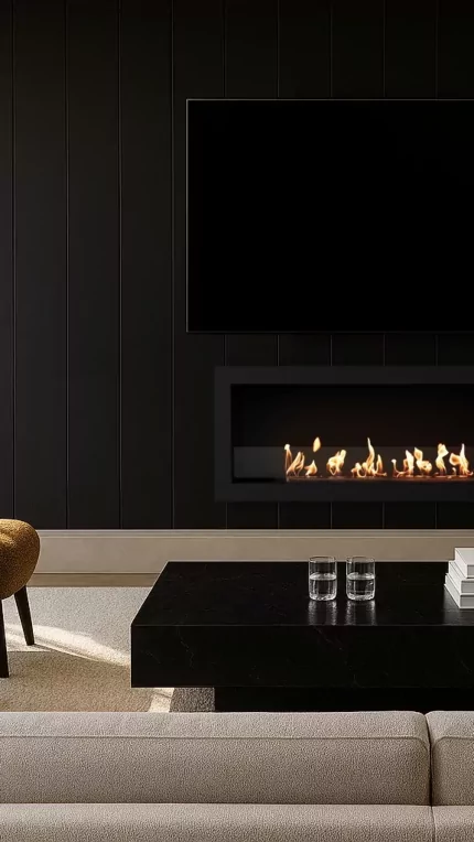 Frame 1200SS by EcoSmart Fire brings inviting ethanol fireplace warmth to indoor living rooms, blending function and design for home comfort.